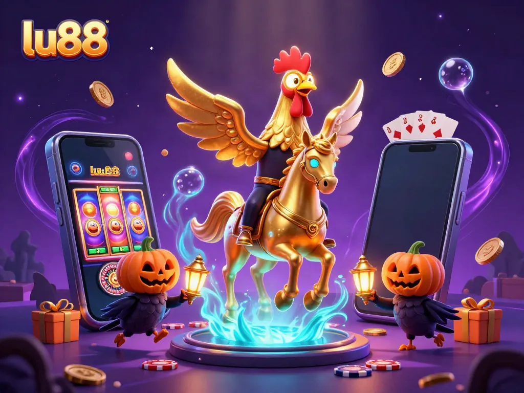 Experience thrilling adventures at lu88 with a golden rooster and captivating casino elements.
