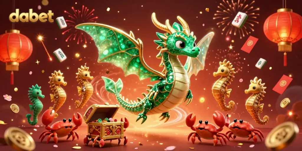Dabet players engage in exciting online casino gameplay, highlighted by vibrant dragon and festive elements.