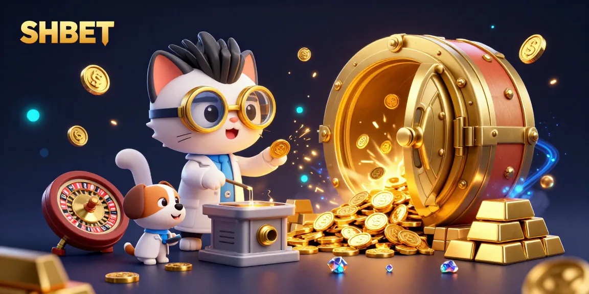Win exciting rewards at SHBET with a dynamic 3D illustration showcasing gambling elements.
