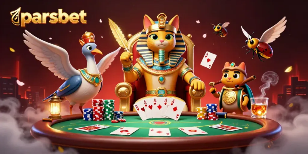 parsbet'in canlı poker sahnesinde, Mısır firavunu kedi ve ibis yazmanı bir arada gösteren ilginç tasarım.