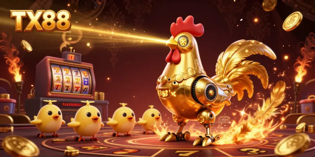 Engage with TX88's vibrant casino scene featuring a futuristic rooster robot amidst dynamic slot reels.