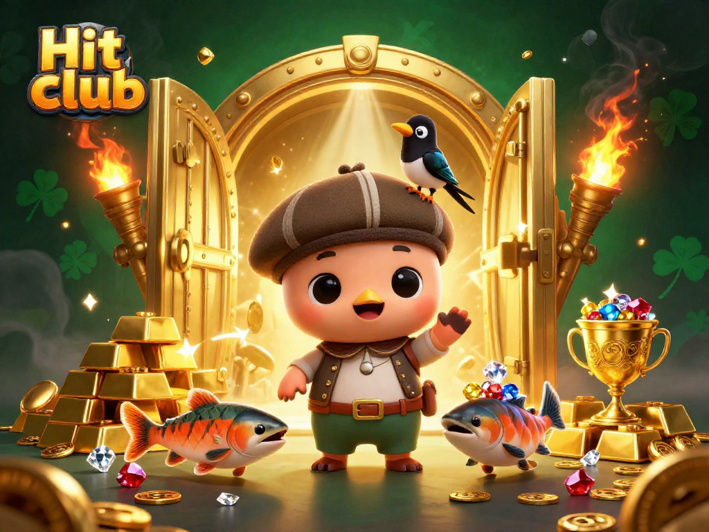 Engage in fun gaming experiences at Hit club amidst golden treasures and playful characters.