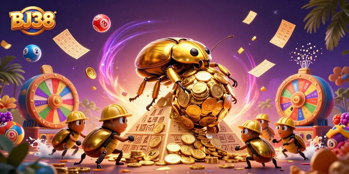 Experience excitement with BJ38 while colorful lottery balls bounce and golden tickets flutter in a vibrant casino scene.