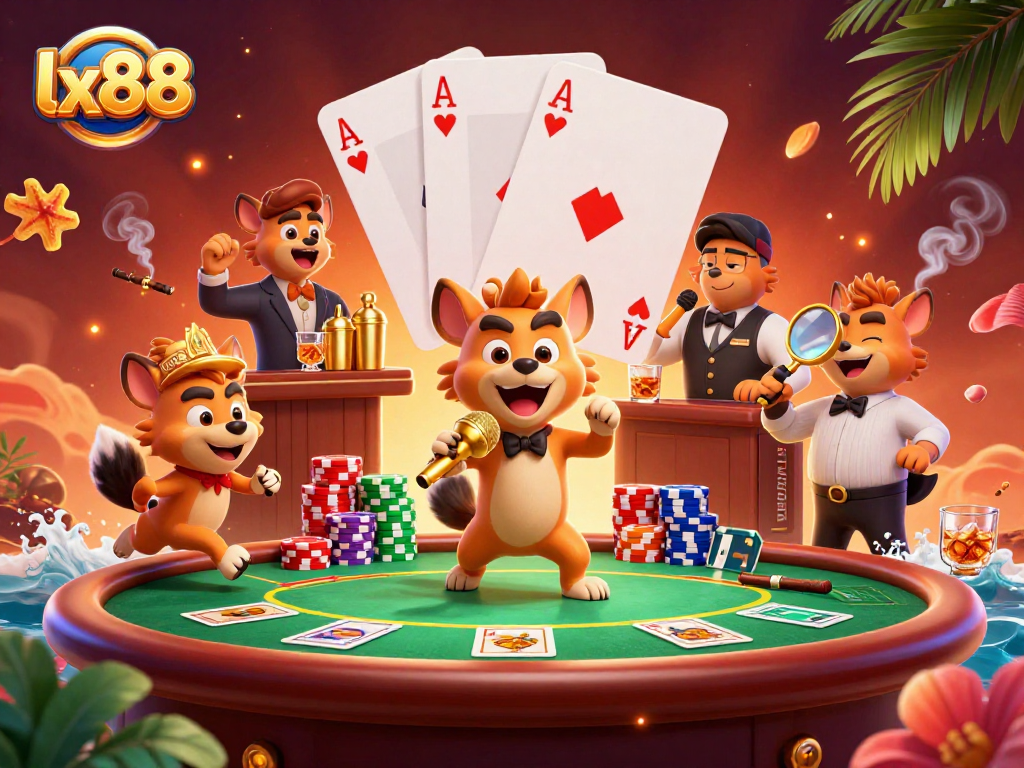 Experience the excitement of lx88's gaming scene with vibrant characters and casino elements.