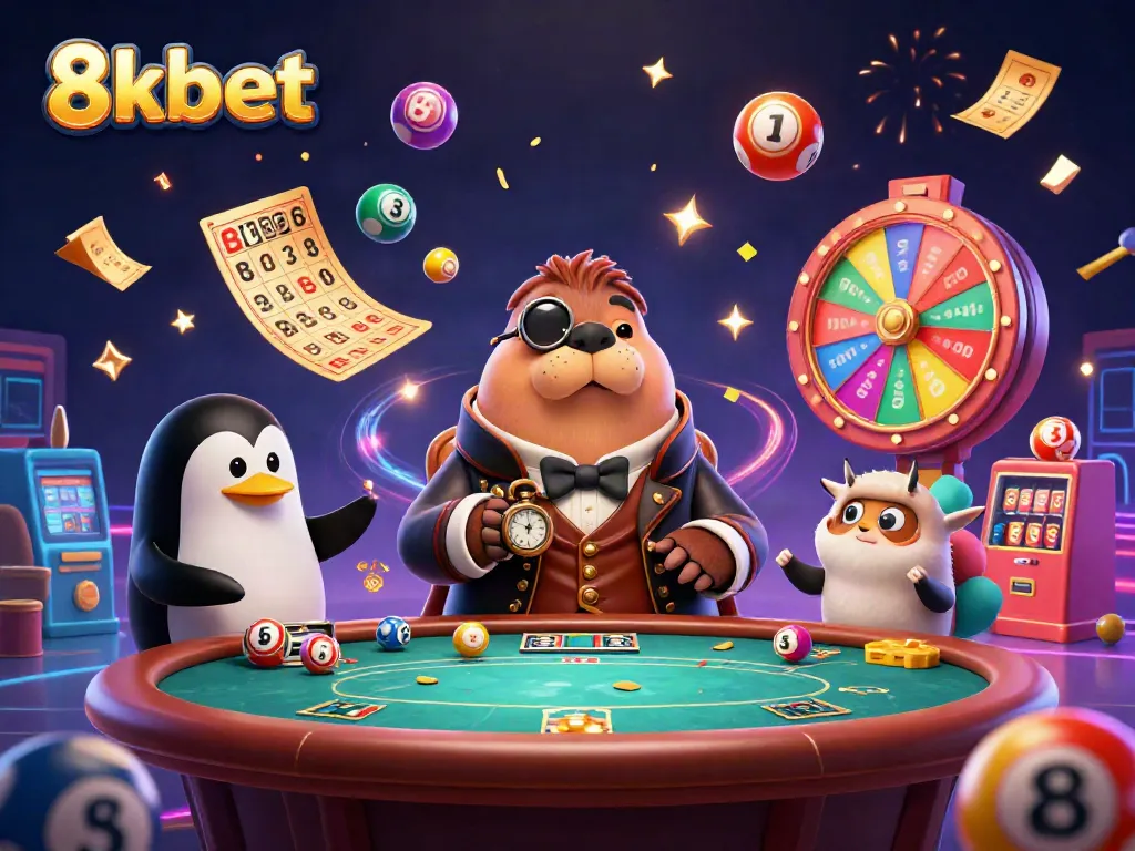Engage in thrilling games with 8xbet featuring a jolly walrus and vibrant lottery elements.