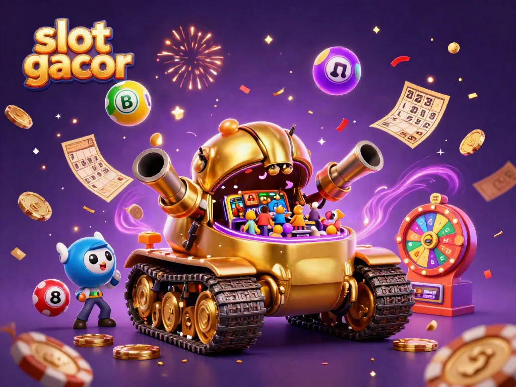Gambarkan perolehan slot gacor dengan tank keledai emas yang berisi kasino mini dan banyak elemen permainan menarik.