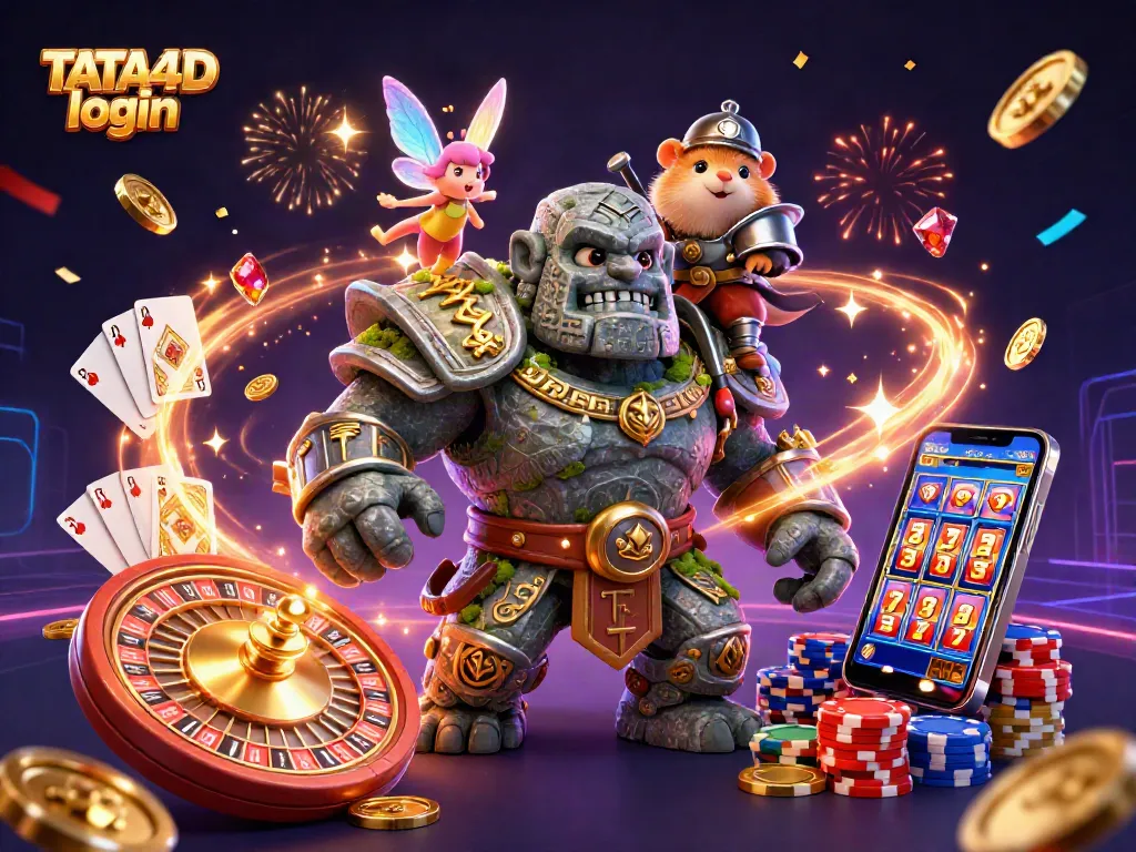 TATA4D login elevates your gameplay with a whimsical scene of a stone golem, fairy, and hamster knight amidst interactive casino elements.