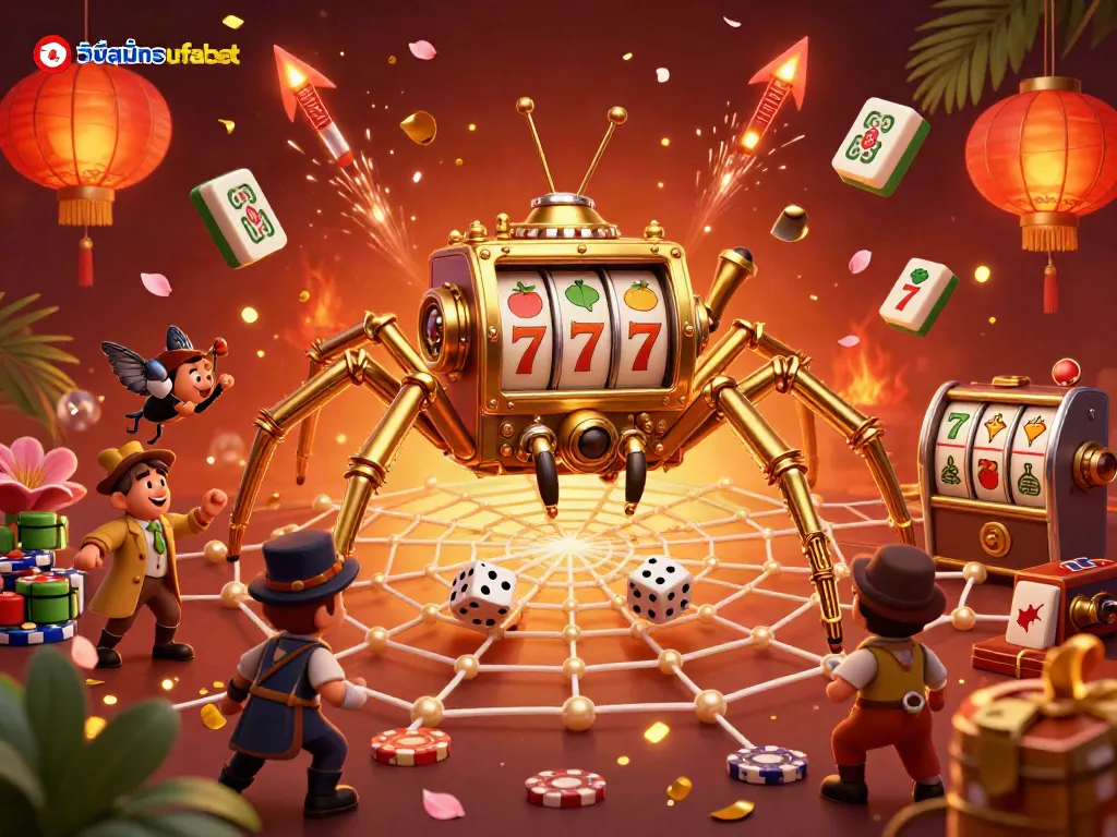 Engage with วิธีสมัคร ufabet through this vibrant scene showcasing a golden spider amidst slot symbols and casino elements.