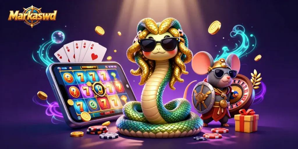 Markaswd offers thrilling slot experiences with vibrant 3D illustrations and golden casino elements.