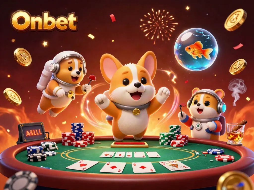 Engage with Onbet's dynamic space casino scene featuring playful characters and vibrant gaming elements.