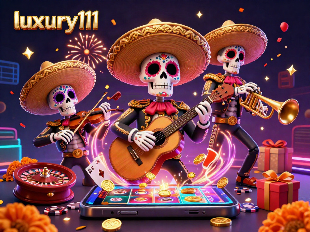 Experience fun with luxury111 and a mariachi band in this vibrant casino-themed 3D illustration.