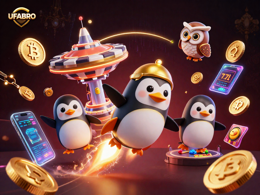Win big with UFABRO's thrilling casino experience featuring a golden penguin and vibrant gaming elements.