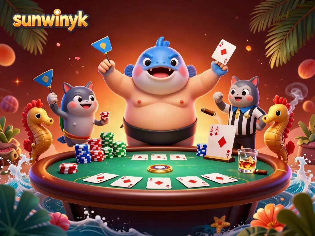Engage with sunwinyk's vibrant underwater poker game featuring a heroic fugu and cheering seahorse spectators.