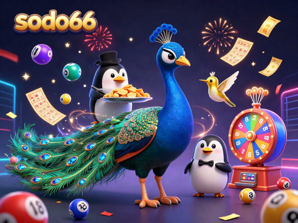 Sodo66 promotes winning strategies with an engaging illustration of a casino themed scene featuring vibrant lottery elements and characters.