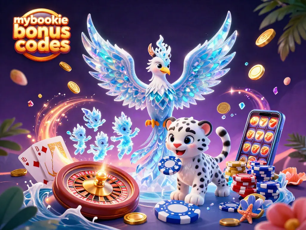 Engage with mybookie bonus codes through a vibrant depiction of a casino scene featuring a phoenix and poker chip.
