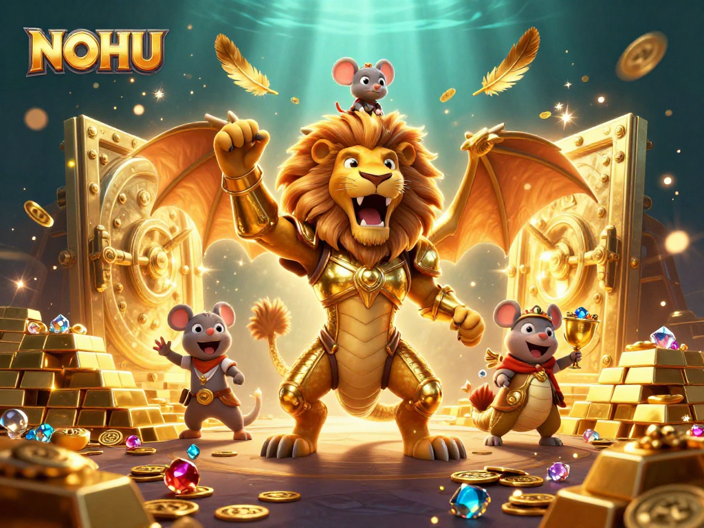 Spin the reels at NOHU with a roaring chimera surrounded by treasures and jackpot symbols.