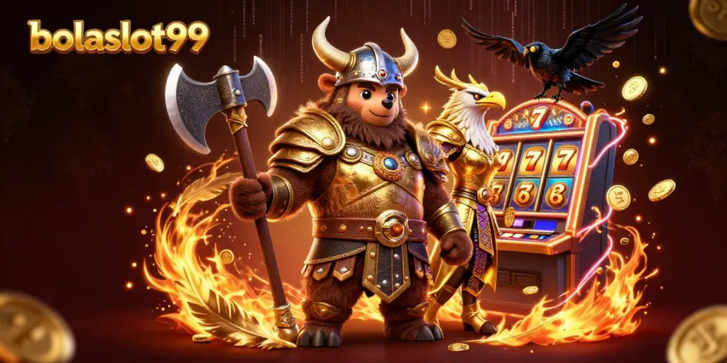 Bolaslot99 casino illustration featuring vibrant Viking theme and dynamic slot elements.