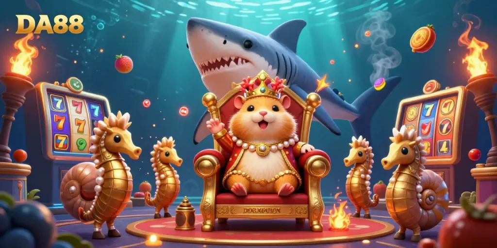 Celebrate big wins at DA88 with a fierce golden hamster king presiding over lively slot action.