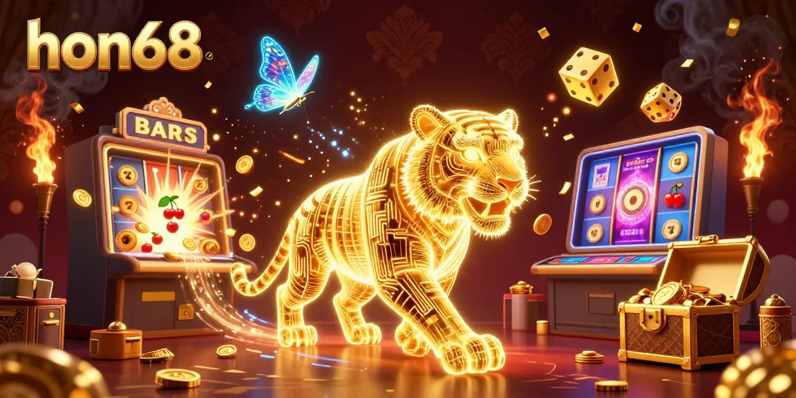 Experience the thrill of hon68's digital casino with a neon tiger and rich gameplay elements.
