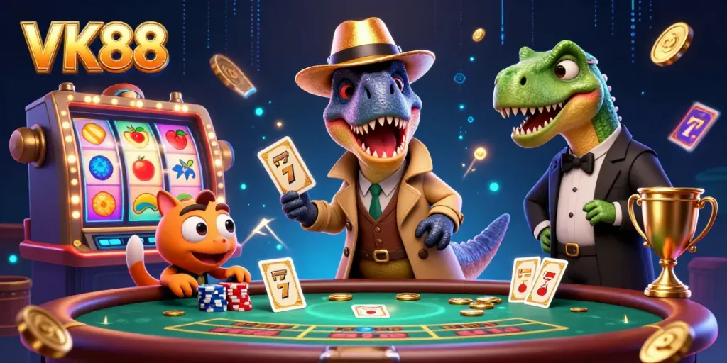 VK88 card counter cartoon characters engaged in an exciting blackjack scene with slot elements