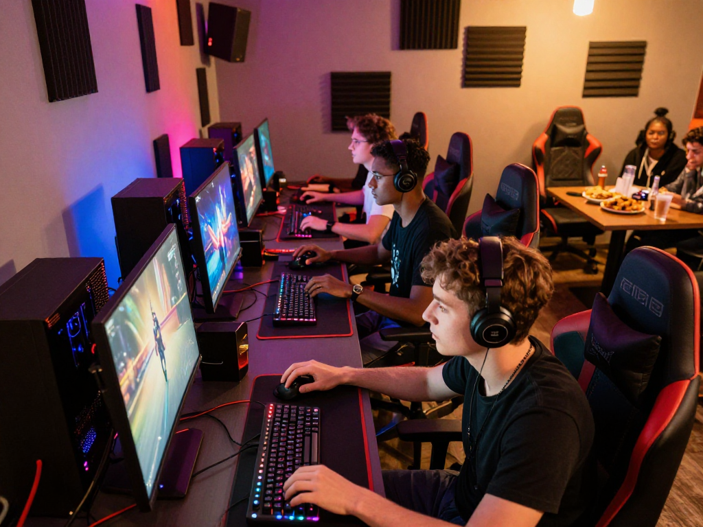 Suasana lounge gaming dengan teman-teman bermain bos88, lampu LED berwarna dan suasana kompetitif.
