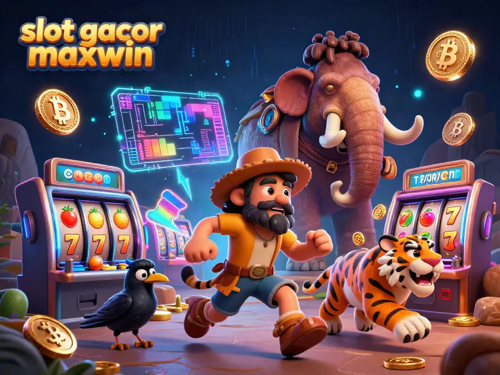 Experience thrills with the slot gacor maxwin as caveman characters navigate a vibrant casino scene packed with neon elements.