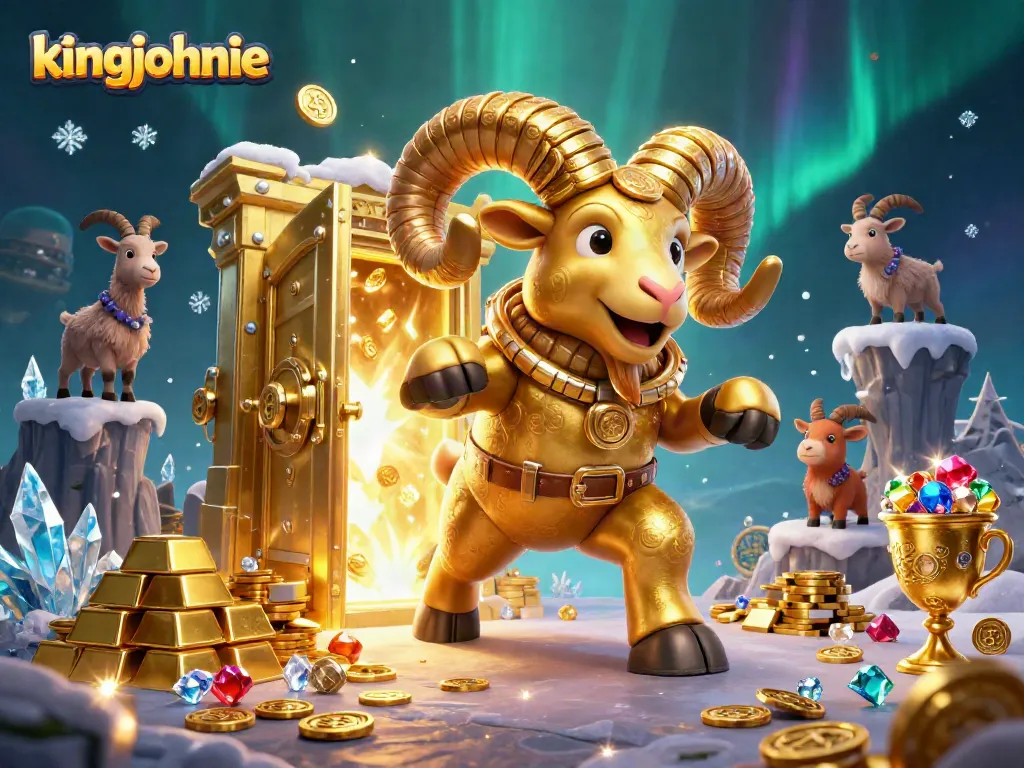 Experience the excitement at kingjohnnie Casino with vibrant treasures and a golden ram charging through!