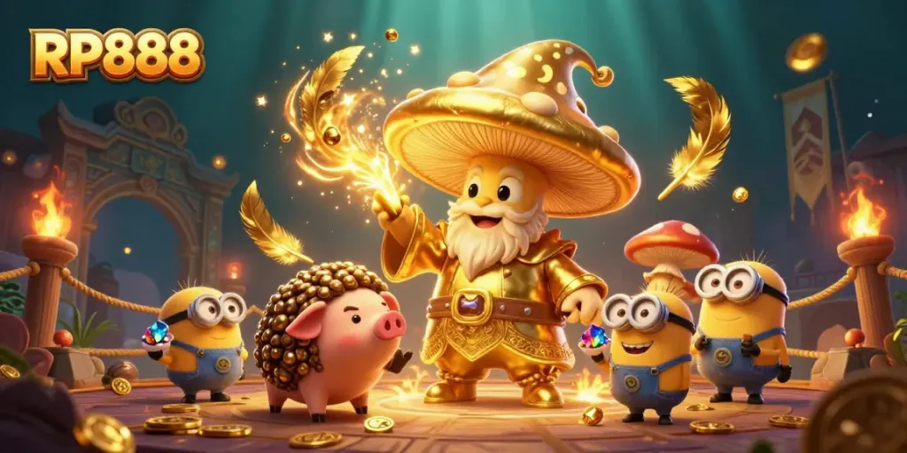 Experience the magic of RP888 with a gold-turning wizard and treasure-hunting familiar in a vibrant casino scene.