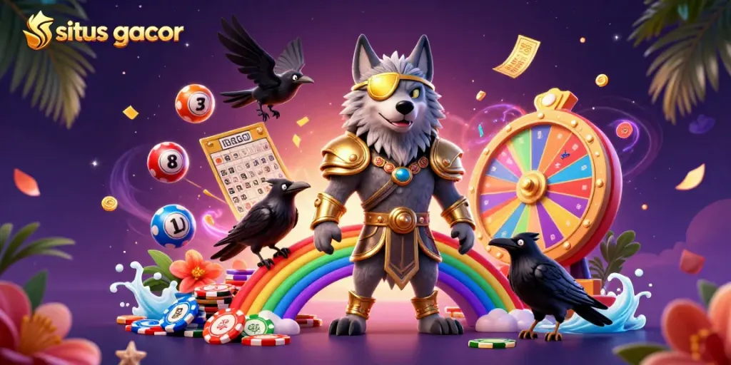 Engage in situs gacor action with a vibrant 3D illustration featuring Odin and casino elements.