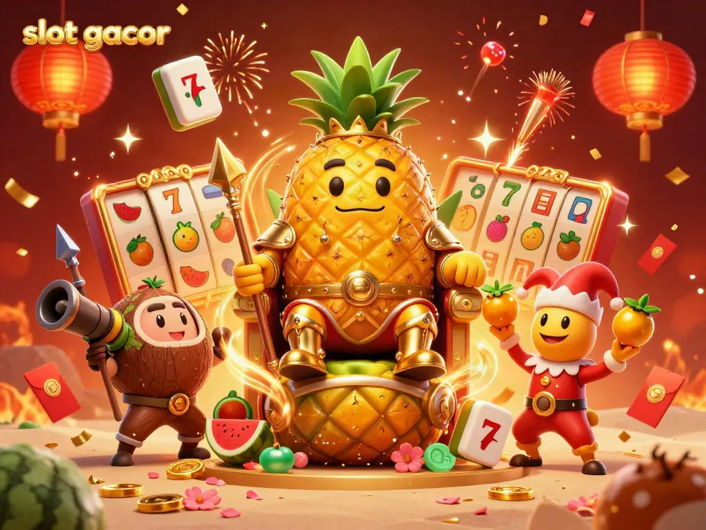 Ilustrasi kasino ceria dengan slot gacor, raja nanas, dan penjaga kelapa beraksi.