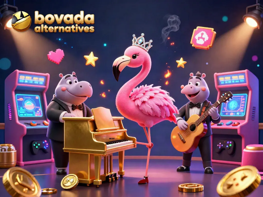 Experience vibrant bovada alternatives in a lively casino scene featuring singing flamingo and jazzy hippo.