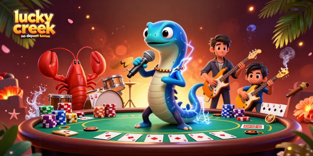 spin to win with lucky creek no deposit bonus in a lively underwater casino scene featuring vibrant characters