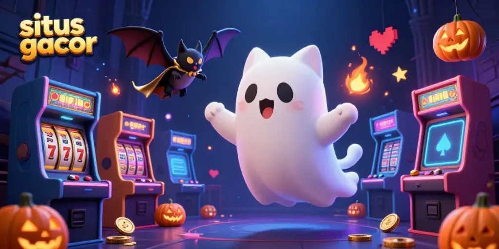 Gambar situs slot gacor dengan kucing hantu dan vampir di kasino berhantu, dikelilingi mesin slot.