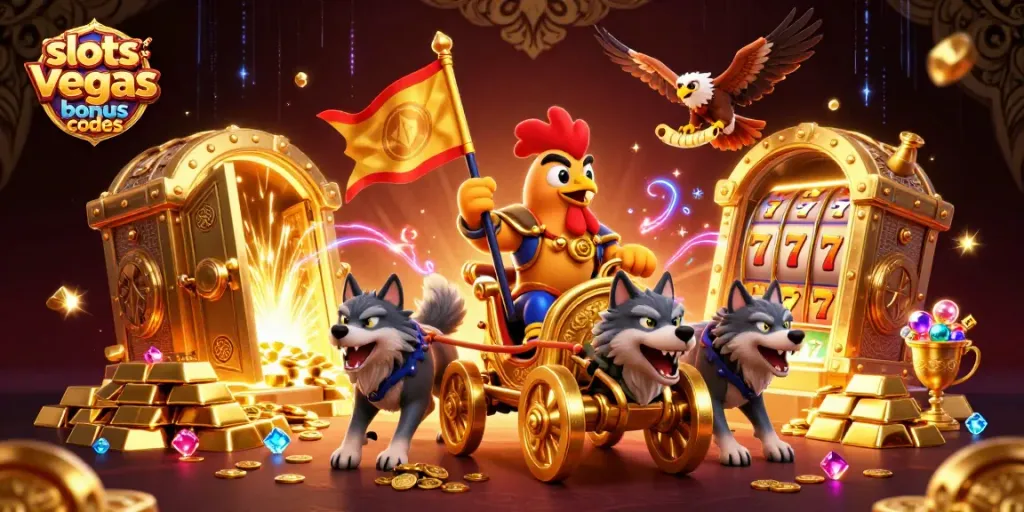 Engaging slots of vegas bonus codes visual featuring a rooster warlord and treasures, ideal for gamblers.