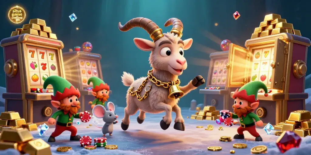 Engage with situs game online in a festive casino scene featuring Krampus, angel mouse, and elf gremlins.