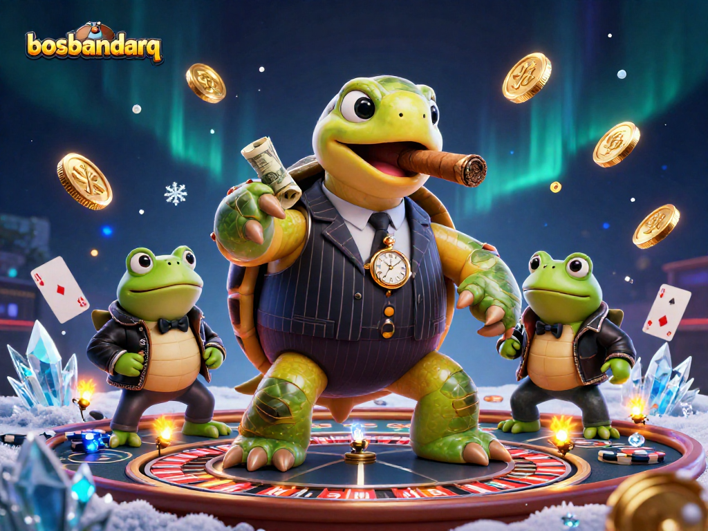 Experience exciting gameplay at bosbandarq with a lively 3D casino illustration featuring poker elements and vibrant characters.