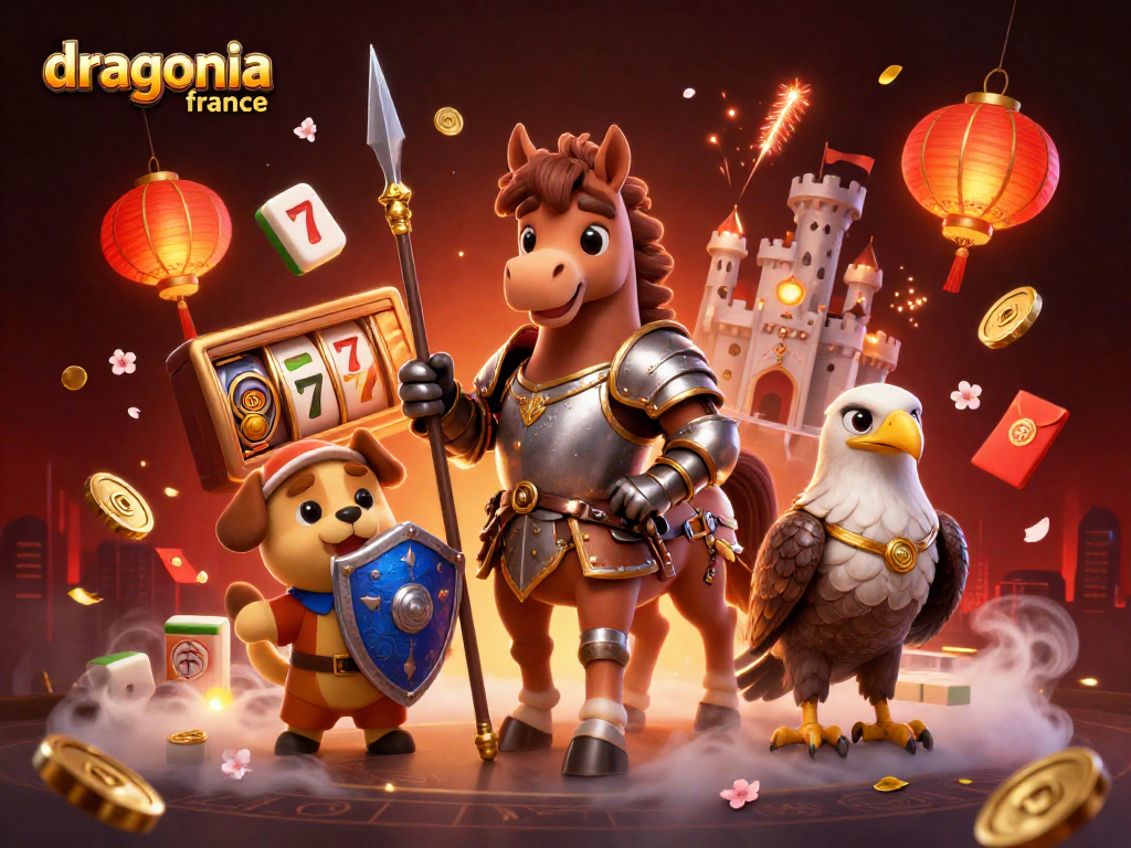Vivez l'expérience immersive de Dragonia Casino France avec un chevalier et un chien en armure.