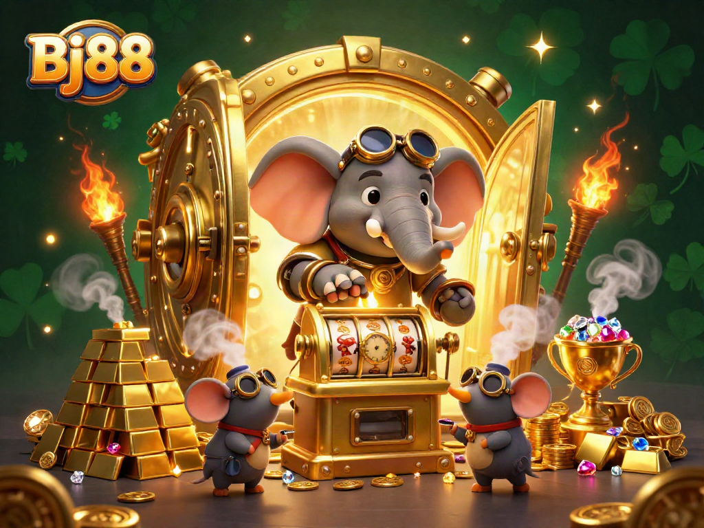 Bj88 brings the thrill of gambling alive in a vibrant 3D scene with a steampunk elephant and riches.