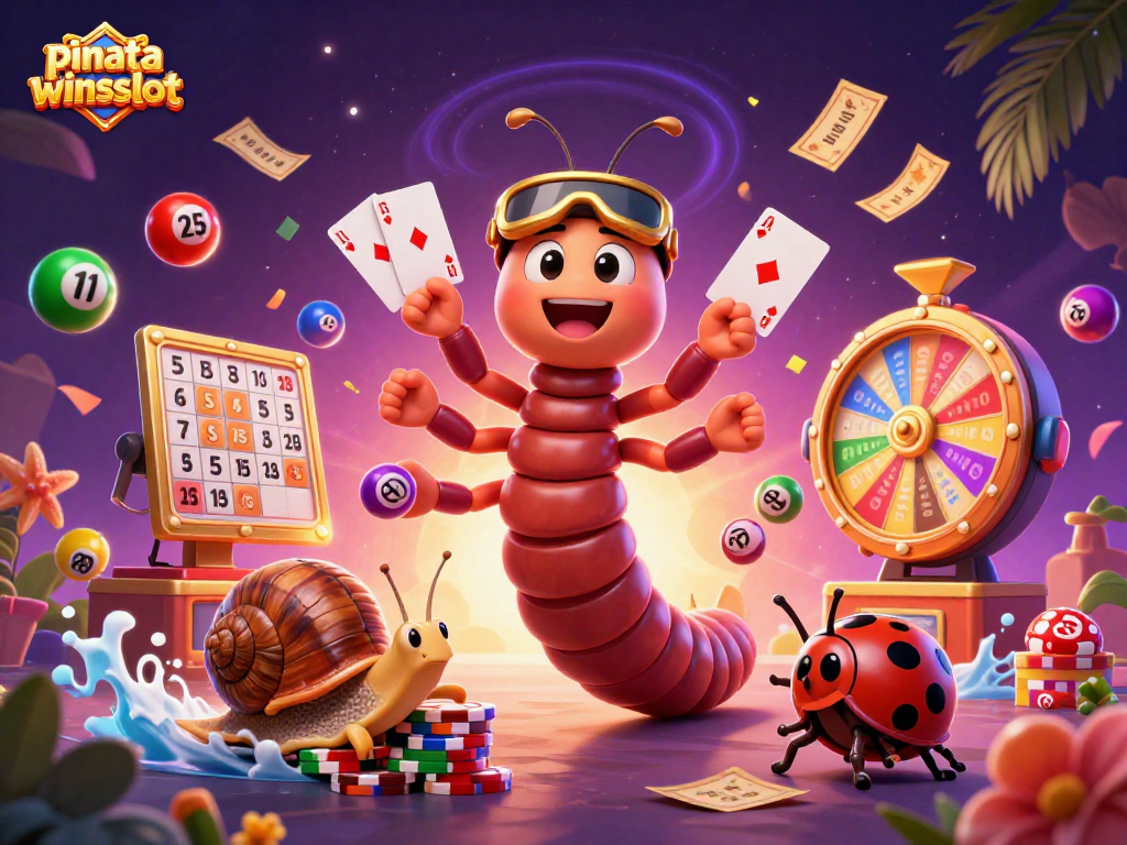 Experience the excitement at pinatawinsslot with a vibrant scene filled with lively characters and dynamic gambling elements.