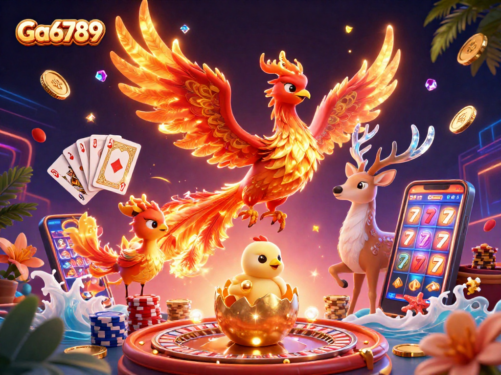 Engage with the vibrant Ga6789 casino world featuring a fire phoenix and magical elements.