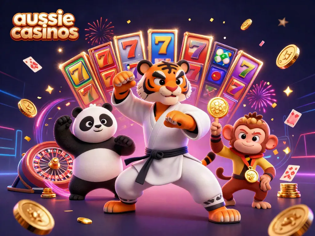 Experience winning fun at aussie casinos with a lively scene of a kung fu tiger master surrounded by slots and gold.