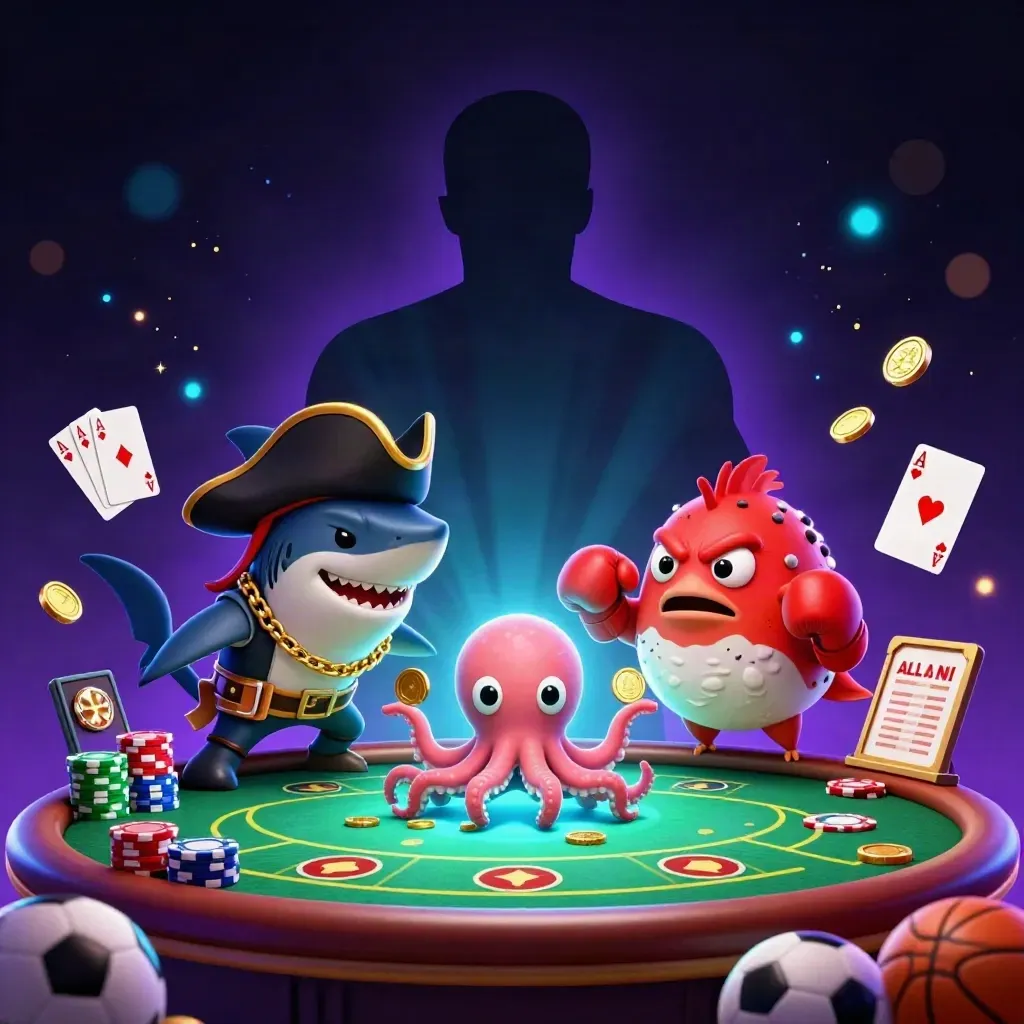 Shark pirate, boxing pufferfish, and juggling octopus amid glowing casino items and neon lights.