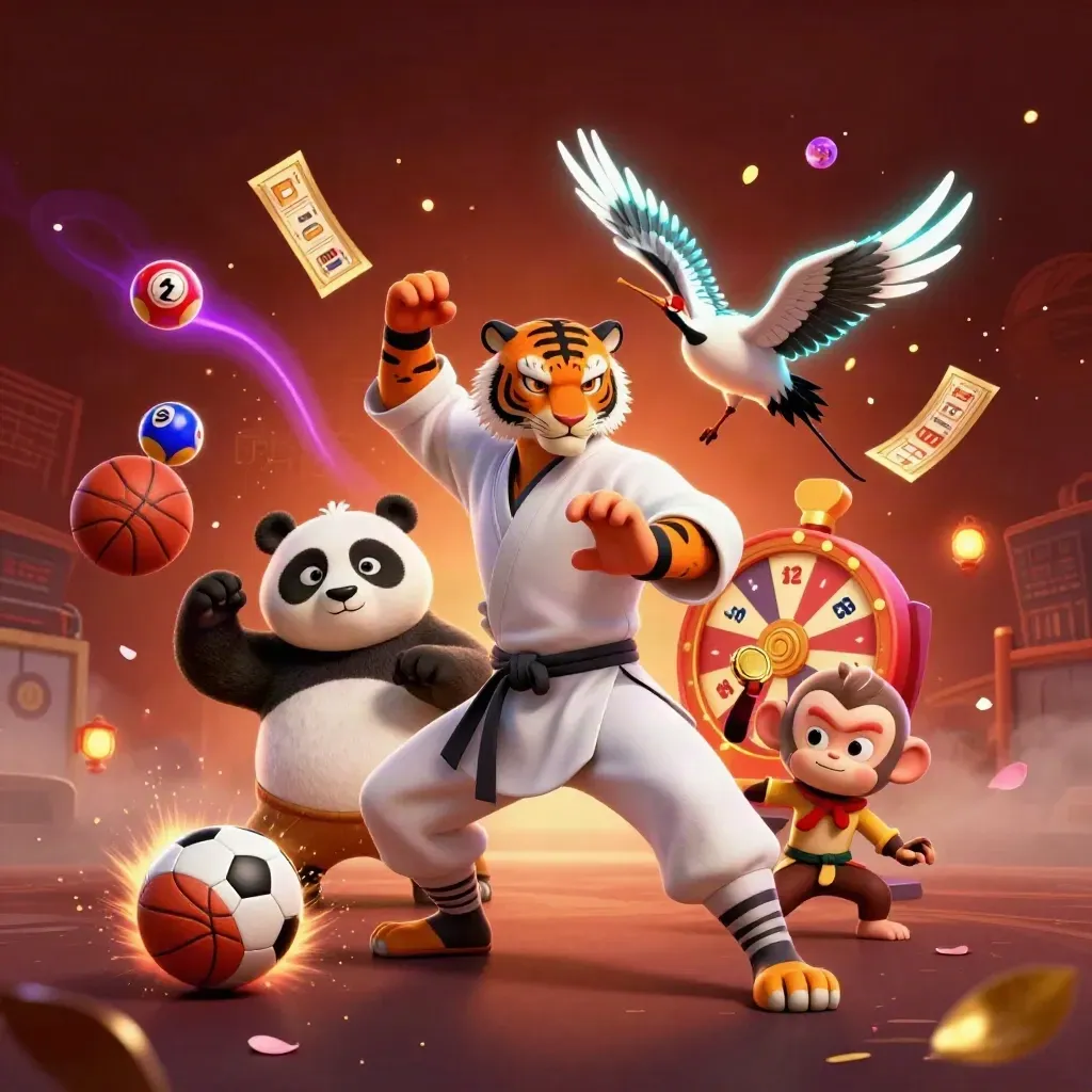 Kung-fu tiger, panda, and monkey burst across a glowing casino court with balls and gold flying.