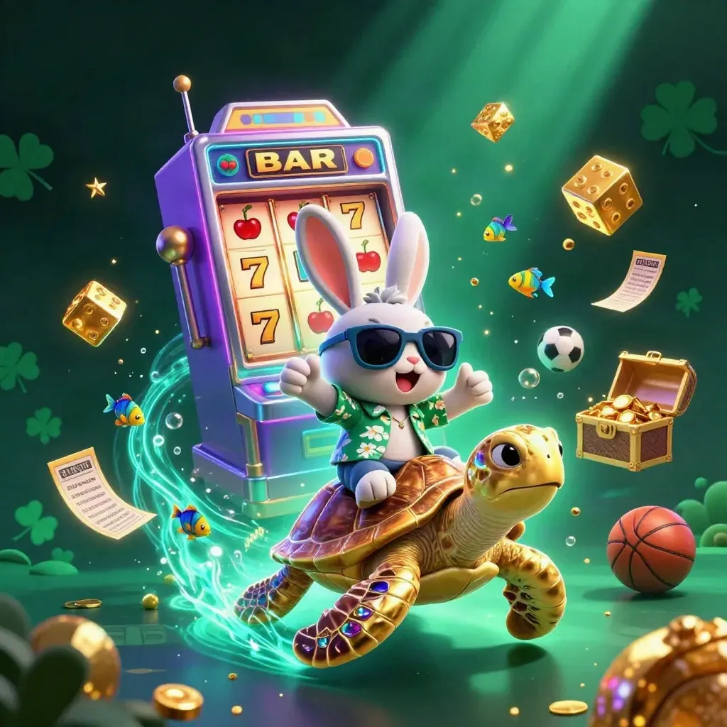 Lucky rabbit on a golden sea turtle amid neon casino bursts, fish, dice, and treasure