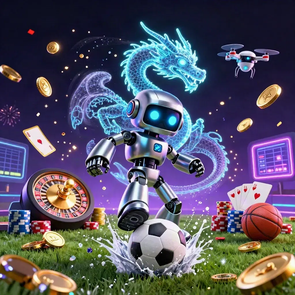 Cyberpunk robot, holographic dragon and drone amid soccer kick, coins, cards and chips in neon casino lighting.