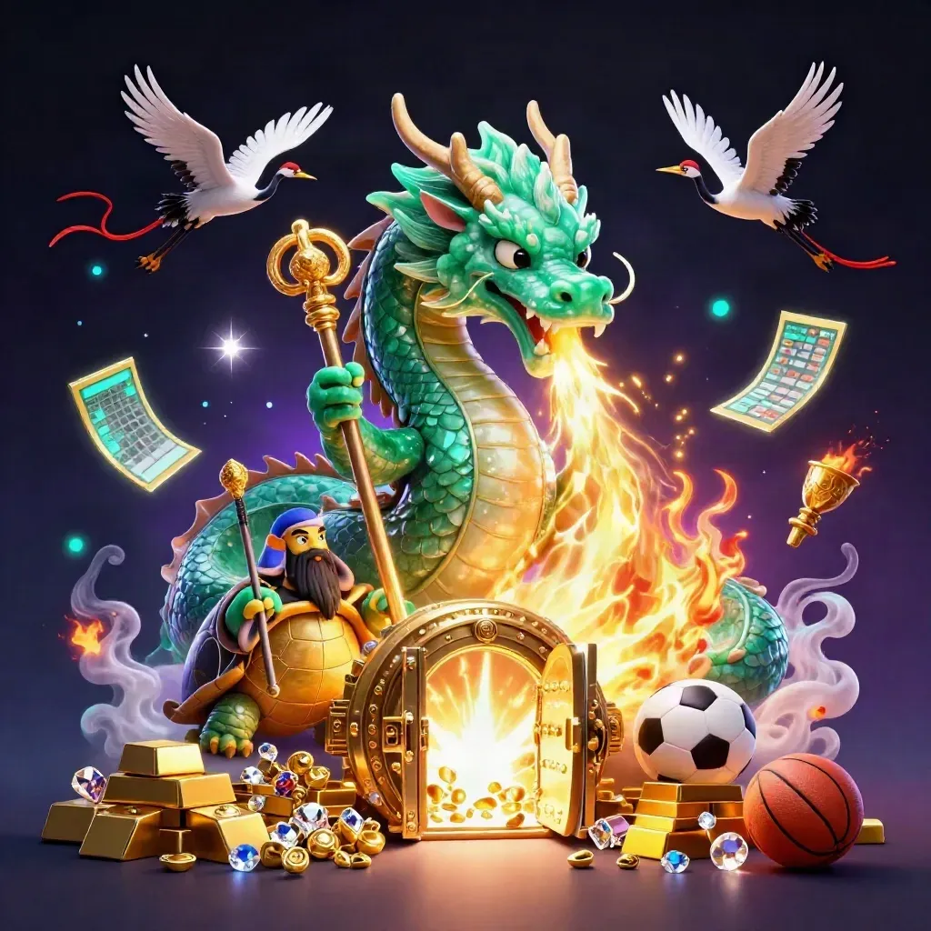 Emerald dragon, turtle sage, and cranes amid a golden vault burst and casino loot.