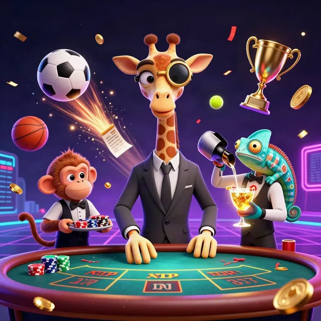 Cartoon giraffe, monkey valet, and chameleon bartender amid flying sports balls and casino gold