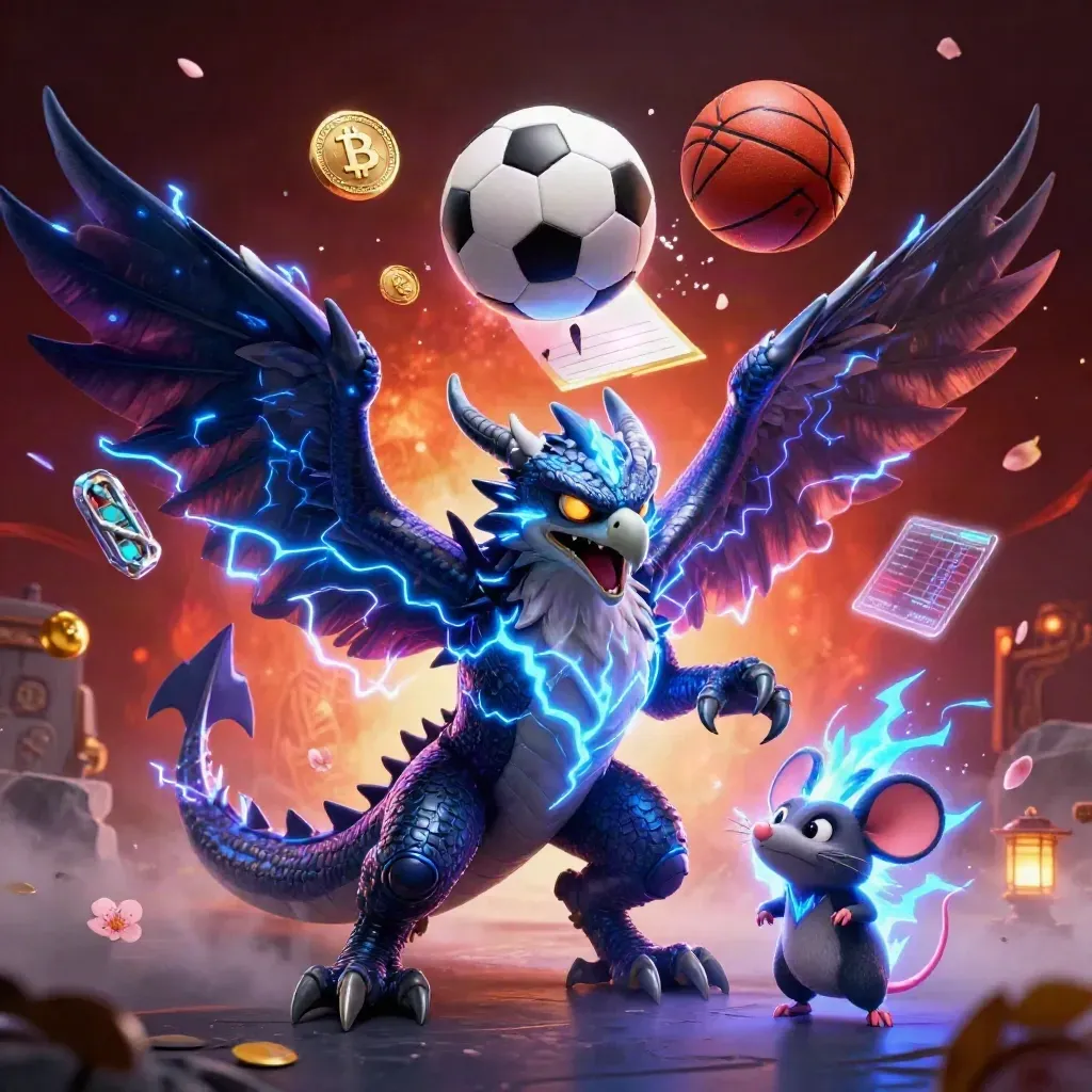 Thunder dragon, wind hawk, and static mouse with neon crypto sports props in a fiery casino scene.