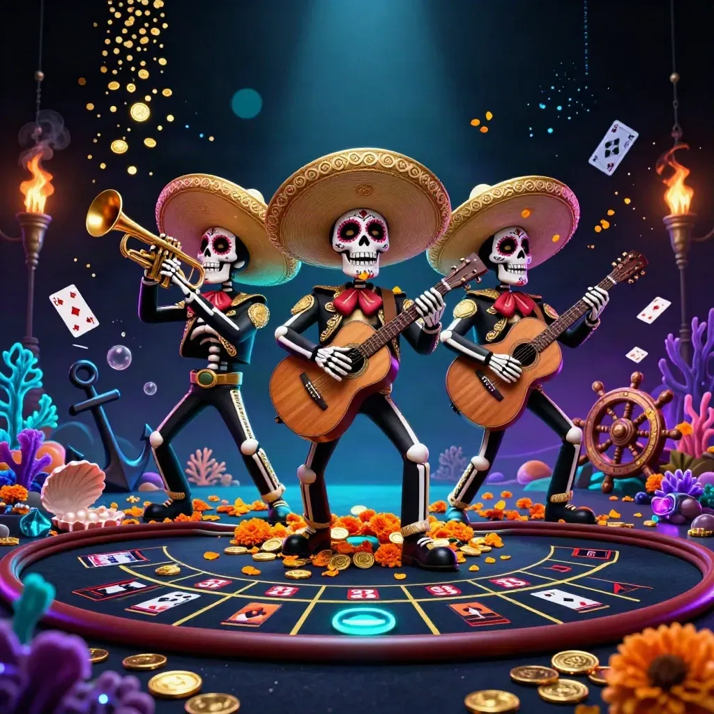 Skeleton mariachi trio amid casino treasure, coral glow, and spinning lights