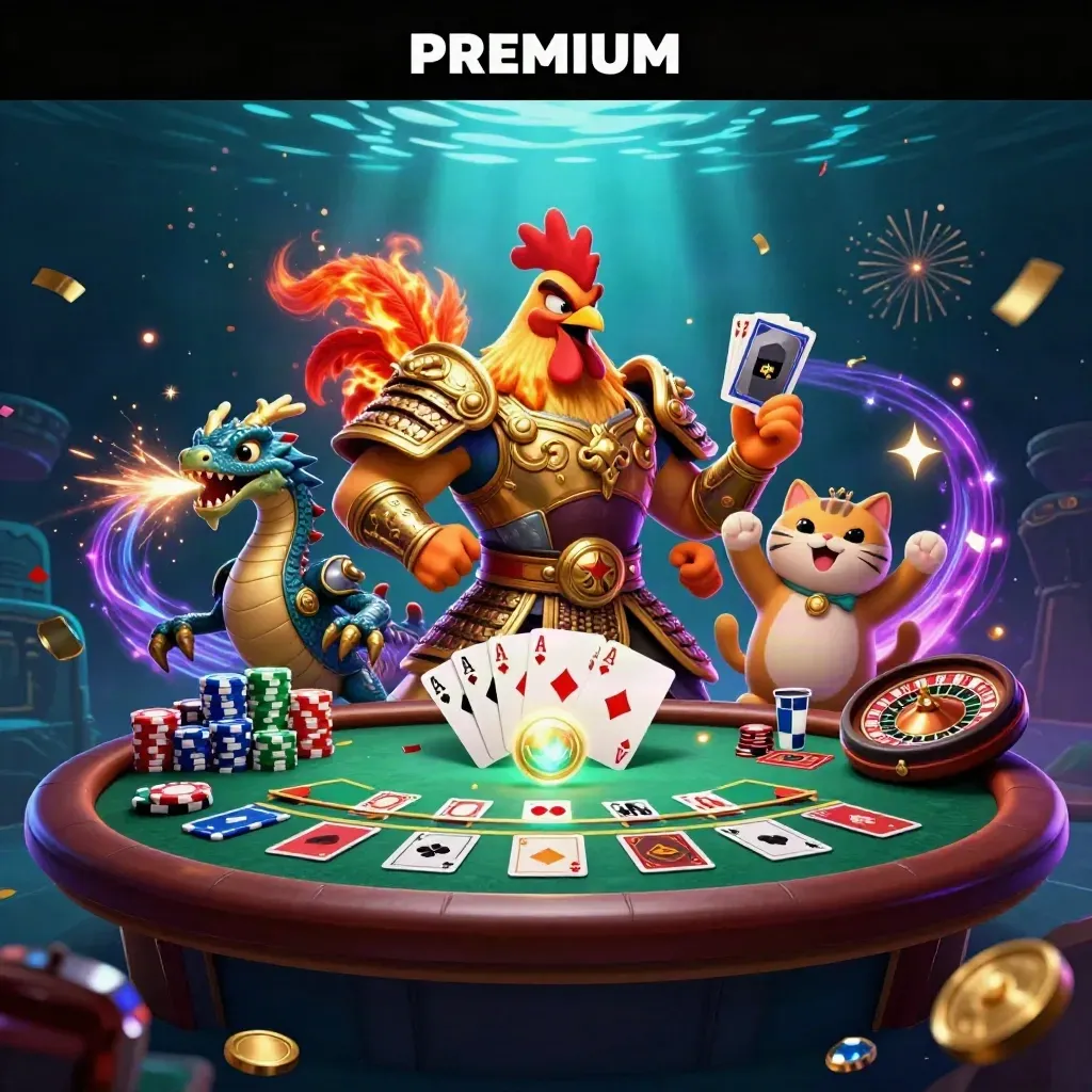 Rooster warrior, spark-breathing dragon hatchling and cheering fortune-cat amid neon casino chaos.